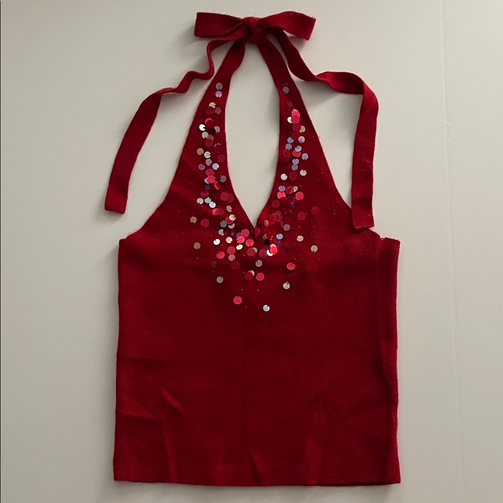 Express y2k 100% cashmere red sequined halter sweater